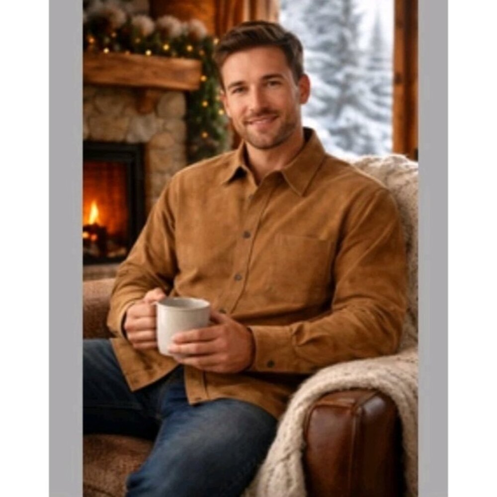 New Vtg Stone Creek Mens Faux Suede Cowboy Button-Down Shirt Size L Buckskin